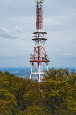 Uzun iletişim kulesi, ormanın ortasında dimdik ayakta duruyor..