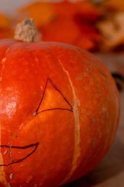 Evde Cadılar Bayramı eğlencesi için balkabağına gülen bir yüz çizilir..