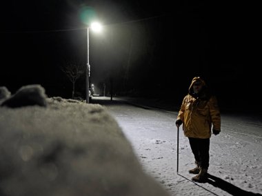 Sarı paltolu bir adam gecenin karanlığında yürür. Kar yağdı. Yol lamba direğiyle aydınlatılır.