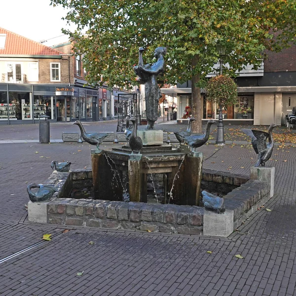 荷兰科沃登 2022年10月30日 科沃登市中心的一个喷泉雕塑小组 它叫Ganzen Geesje 这是对那些把他们的鹅带到这个市场广场的鹅牧民们的颂歌 — 图库照片