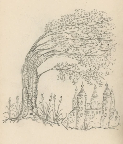 Desenho Uma Árvore Balançando Vento Castelo Fundo — Fotografia de Stock