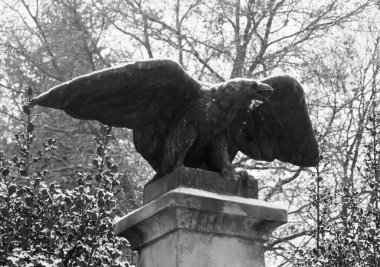 Kardaki Alman Kartalı 'nın taş heykeli. Bu bir anıtın bir parçası. Siyah ve Beyaz 'da. Konum: Uelsen, Almanya