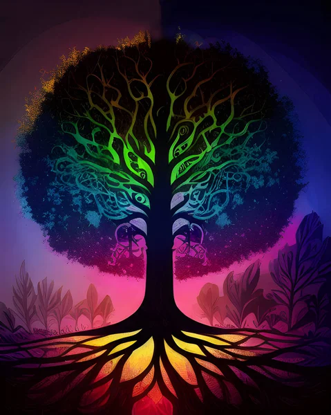 Glowing tree of life in a circle In the colors of the rainbow. Generative AI