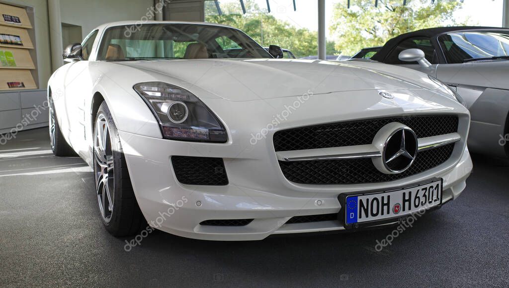 Itterbeck, Germany - Nov 1 2022 The front of a white Mercedes-Benz SLS AMG