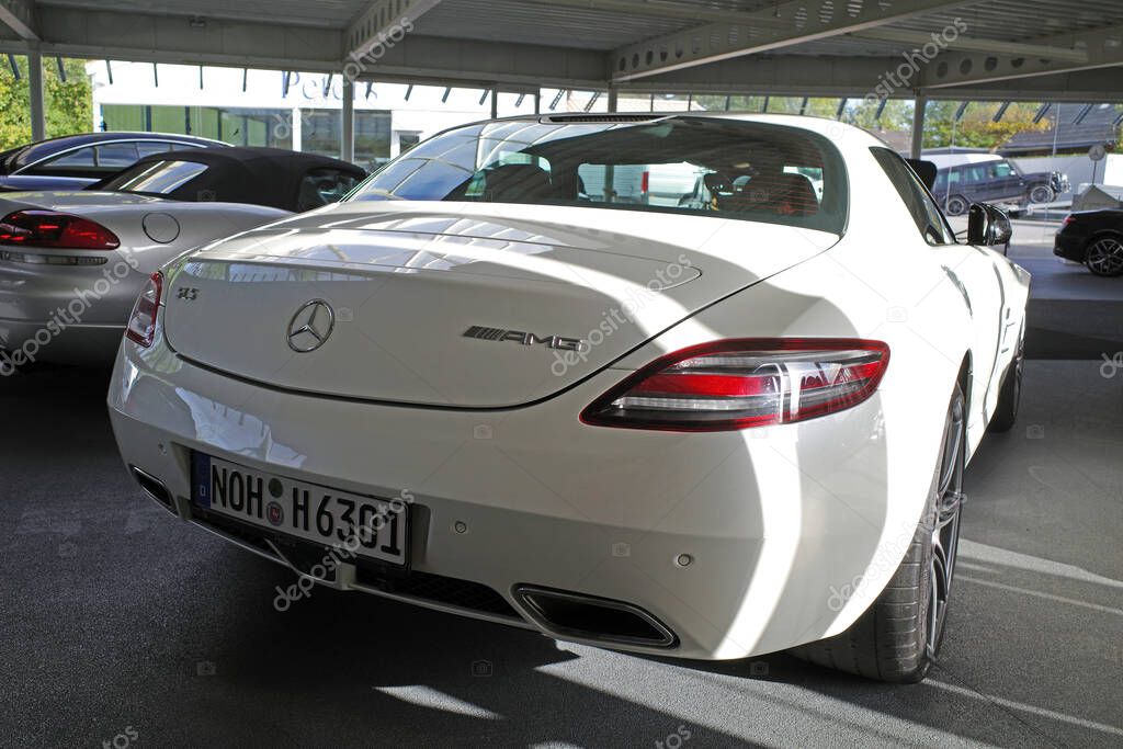 Itterbeck, Germany - Nov 1 2022 The back of a white Mercedes-Benz SLS AMG