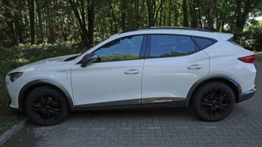 Itterbeck, Almanya - 12 Ağustos 2024 Beyaz bir Cupra E-Hybrid üzerinde Sideview. Bir ormanın önüne park edilmiş.