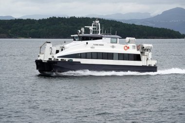 Stavanger, Norveç - 24 Ağustos 2024 Lysefjord 'dan geçen yüksek hızlı bir gemi. HSC, sivil kullanım için yüksek hızlı bir su gemisidir. Buna hızlı feribot veya hızlı feribot da denir.