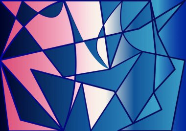 Mavi ve pembe renkli keskin, açısal şekillerden oluşan bir mozaik içeren soyut geometrik tasarım. Bileşim koyu, koyu çizgilere bölünür. Birbirine bağlı üçgenler ve çokgenler oluşturur..