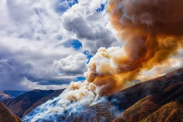 Aerial view of a forest fire in the Peruvian Andes near Cusco