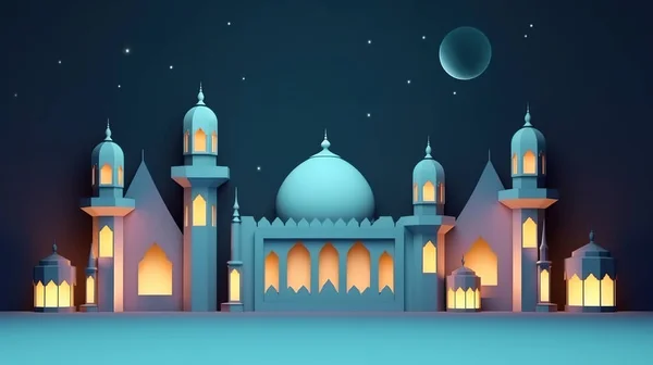 Ramadan Natt Banner Mall Visar Upp Söt Moské Och Lykta — Stockfoto