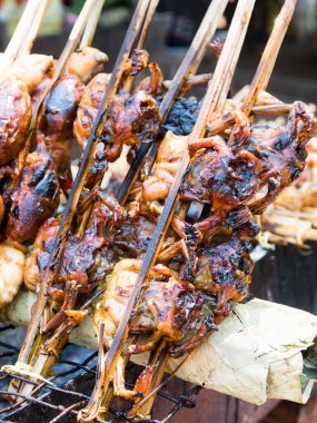 Kamboçya, Oudong 'da bir sokak pazarında ızgara kurbağa satıyor.