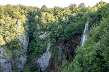 Hırvatistan 'ın Plitvice göllerindeki Korana nehir kanyonundaki dik kayalıklarda bulunan şelaleler yoğun, yeşil ormanlarla kaplı.