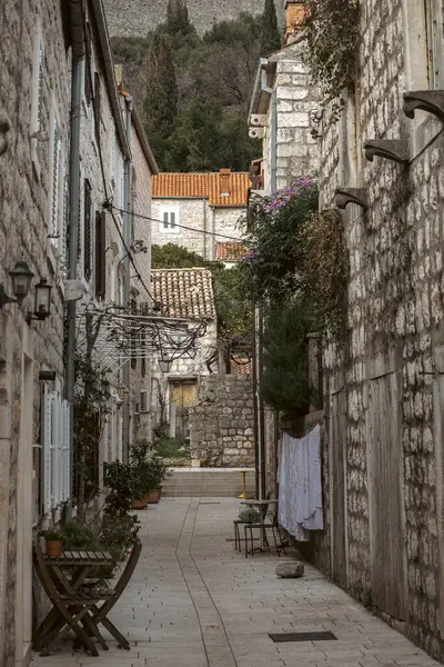 Stone alleys and beautiful, mediterranean houses in the town of Ston, Croatia, popular filming location for TV show and tourist destination