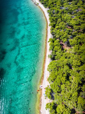 Hırvatistan 'ın Rogoznica kentinde yaz boyunca güzel beyaz plaj ve yeşil çam ormanlarının aşağı manzarası