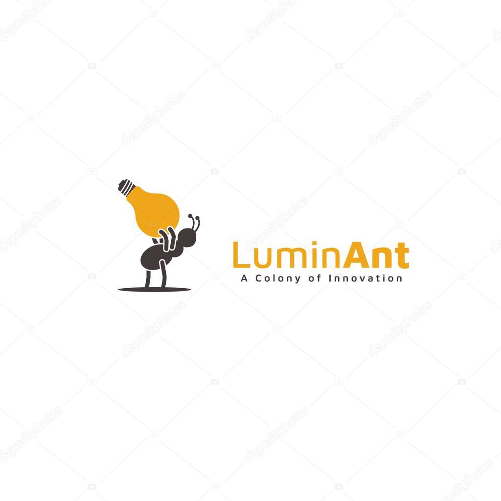 A unique and symbolic logo design featuring an ant carrying a light bulb, representing intelligence, strength, teamwork, and bright ideas. Perfect for creative agencies, innovation brands, electrical businesses, or educational platforms. Editable vec