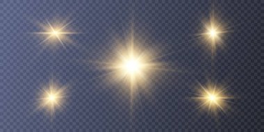 Şeffaf bir arkaplanda altın yıldızların parıltısı. Bulanık ışık vektör koleksiyonu. Işık, güneş, titreşim.