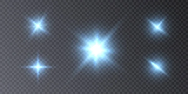 Glöd Blå Ljusstjärnor Transparent Bakgrund Insamling Suddiga Spotlight Ljusvektorer Blixt — Stock vektor