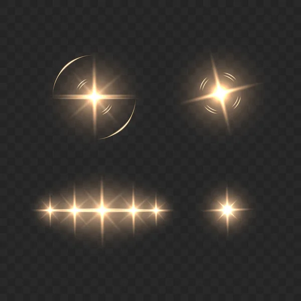 Záře Zlatých Hvězd Průhledném Pozadí Sbírka Rozmazaných Světelných Vektorů Flash — Stockový vektor