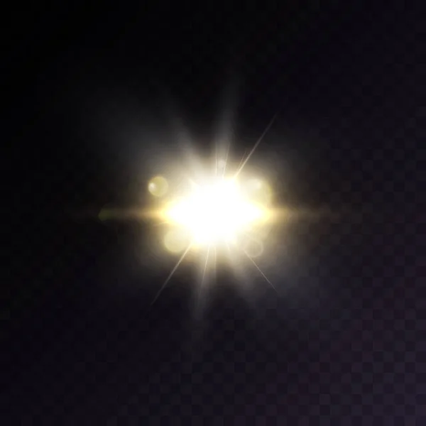 Parlak Güneş Işığının Etkisi Şeffaf Bir Arkaplanda Parıldayan Altın Yıldız — Stok Vektör