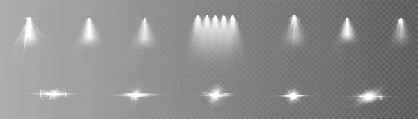 Conjunto Efeitos Luz Holofotes Brilhando Luz Isolada Sobre Fundo Transparente — Vetor de Stock