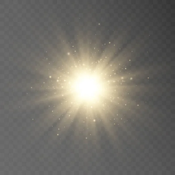 黄色の星は透明な背景で爆発する 妖精のほこりの粒子をきらびやかに 明るい星 透明な明るい太陽 明るいフラッシュ グリッターベクトル 明るいフラッシュを中心に — ストックベクタ