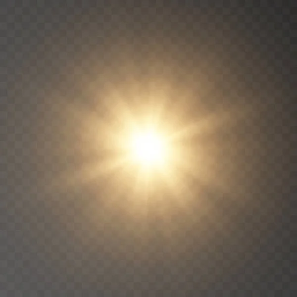 光る光が爆発し 光が黄金色を点滅させます 輝く太陽のビーム 特殊グレアライト効果 明るい閃光 — ストックベクタ