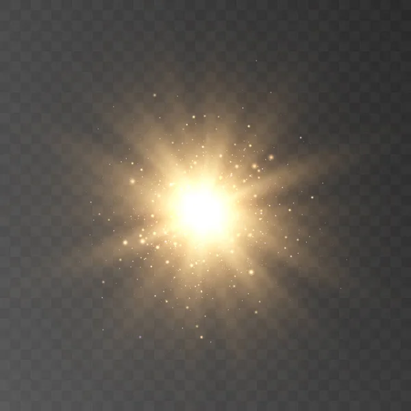 Glowing Light Explodes Light Flash Golden Color Beam Shining Sun — Stock Vector