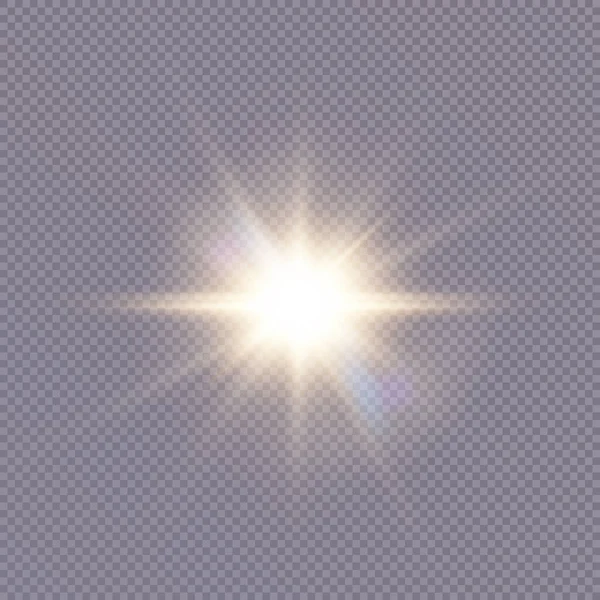 光る光が爆発し 光が点滅します 輝く太陽のビーム 特殊グレアライト効果 明るい閃光 — ストックベクタ
