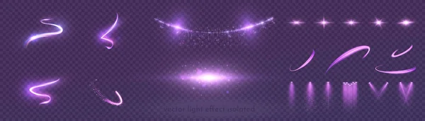 明るい光 ガーランド スポットライト 彗星の光の紫の効果のセット 日光のバースト Pngの乗馬 — ストックベクタ