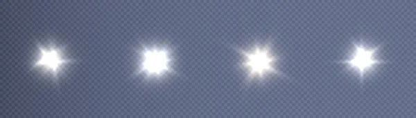 光とグレアの白い閃光 レーザー光のビーム 美しい光が点滅します 透明感のある背景にストライプを輝く — ストックベクタ