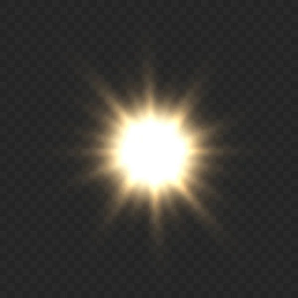 Świecące Światło Eksploduje Jasny Błysk Złoty Kolor Promień Świecącego Słońca — Wektor stockowy