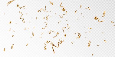 Düşen parlak altın konfeti beyaz arka planda izole edilmiş. Bulanık elementleri olan parlak altın renkli süsler. Vektör