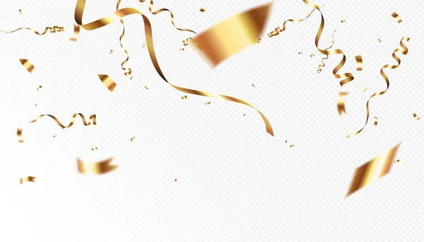 Vallende Glanzende Gouden Confetti Geïsoleerd Witte Achtergrond Heldere Feestelijke Goudkleurige — Stockvector