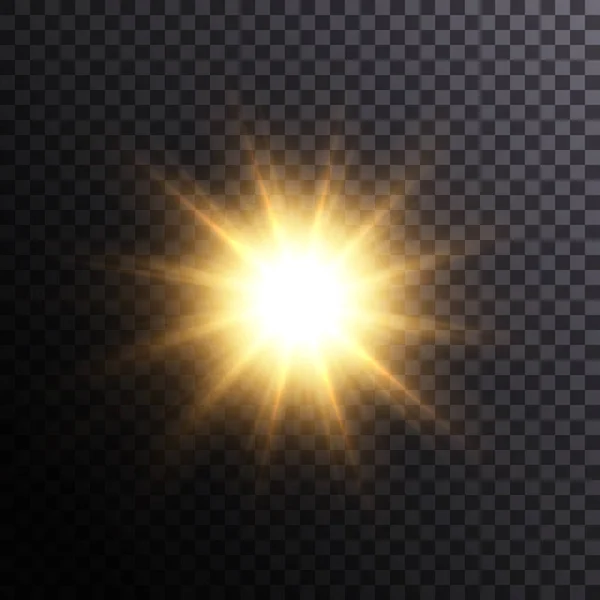 光る光が爆発し 光が黄金色を点滅させます 輝く太陽のビーム 特殊グレアライト効果 明るい閃光 — ストックベクタ