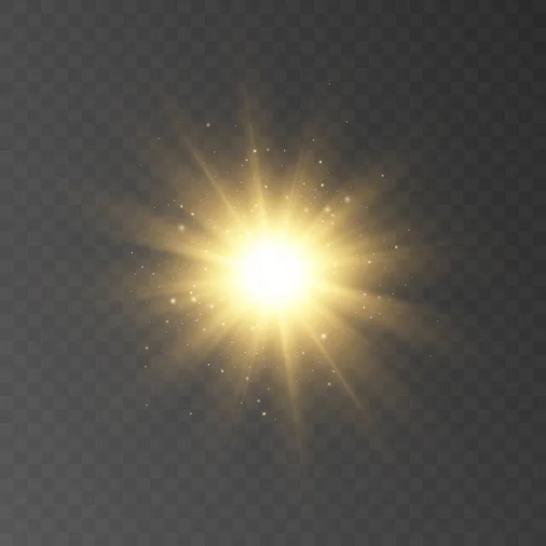 Светящийся Свет Взрывается Свет Вспышки Золотистого Цвета Луч Сияющего Солнца — стоковый вектор