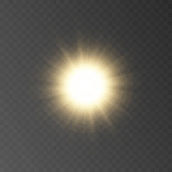 Efekt Jasnego Światła Słonecznego Mrugająca Złota Gwiazda Przejrzystym Tle Jasne — Wektor stockowy