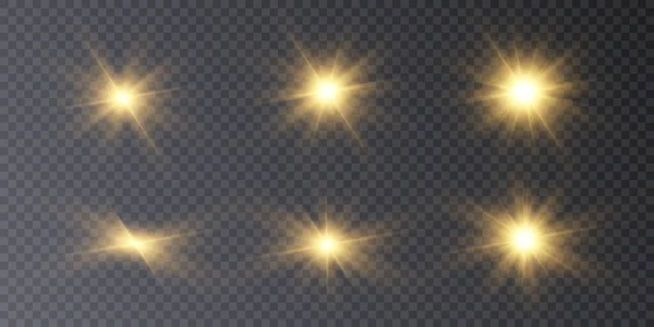 Uppsättning Ljuseffekter Gyllene Glödande Ljus Isolerad Transparent Bakgrund Soleruption Med — Stock vektor