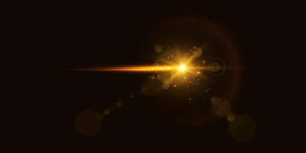 光線とグレアと現実的な太陽は黄金の光で輝きます ベクトル — ストックベクタ