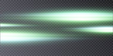 Soyut yeşil ışık ve lazer ışınları. Şeffaf siyah bir arkaplanda izole edilmiş. Vektör
