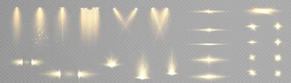 Sada Zlatých Reflektorů Izolovaných Průhledném Pozadí Vektorový Zářivý Světelný Efekt — Stockový vektor