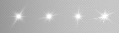 Şeffaf bir zemin üzerinde parlayan beyaz bir ışık kümesi, beyaz güneş ışınları, ışıltılı ve parlak yıldızlar. Vektör 10 eps