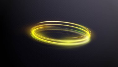 Soyut neon halkalar. Hızlı bir spiral hareketle dönen parlak ışınların izi. Açık altın girdap. Eğri altın çizgi ışık efekti.