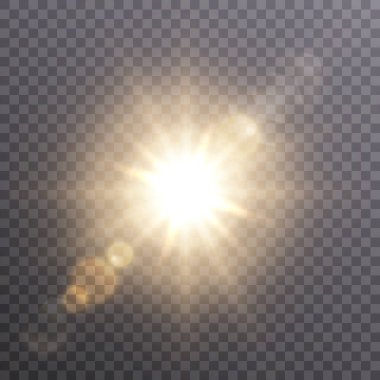 Parlak güneş, sıcak ışınlarla ışıldar, vektör çizimi, şeffaf bir arkaplanda altın yıldız parıldar. Işık, güneş, pırıltı. Web tasarımı ve illüstrasyonlar için vektör.