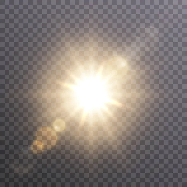 明るい太陽は 透明な背景に暖かい光線 ベクトルイラストグローゴールドスターで輝きます 輝きのフラッシュ ウェブデザインやイラストのベクター — ストックベクタ