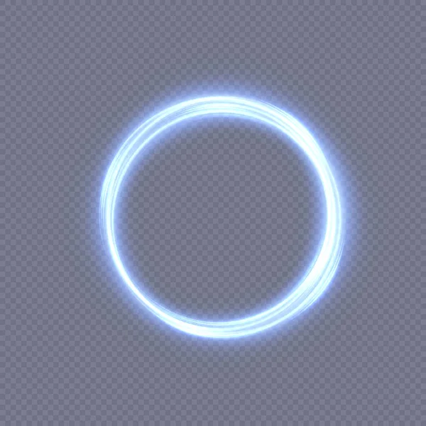 抽象的霓虹灯蓝环 一道明亮的发光羽流 在快速的螺旋运动中旋转着 浅金色的涡旋 曲线金线光效 — 图库矢量图片