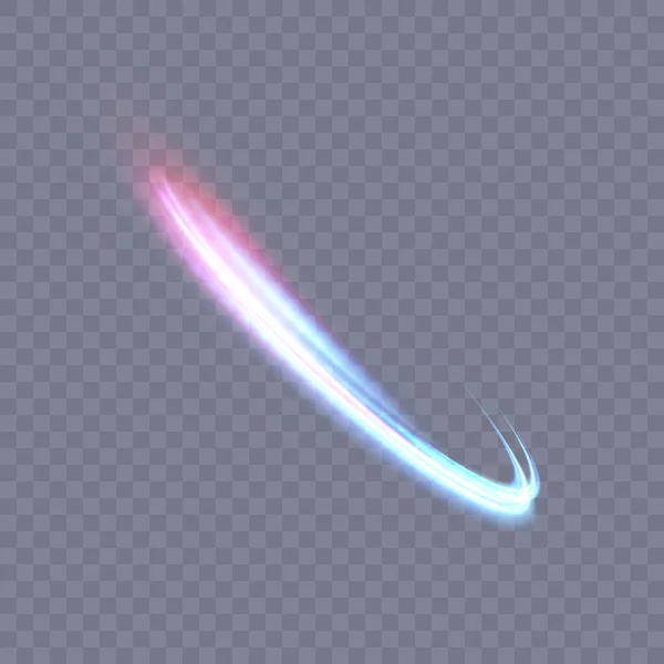 摘要霓虹灯蓝紫色环 一道明亮的发光羽流 在快速的螺旋运动中旋转着 浅金色的涡旋 曲线金线光效 — 图库矢量图片