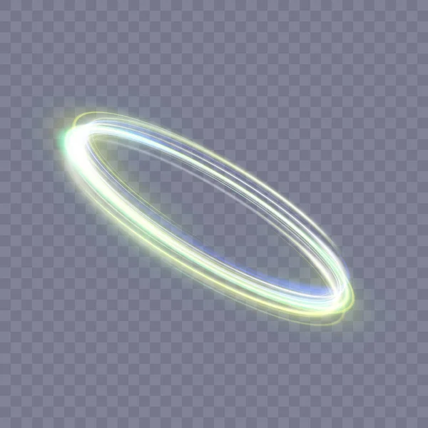 緑色の色合いの抽象的なネオンゴールドリング 高速の回転運動で渦巻く明るい光のパルス 黄金の渦の光 金線の光の効果を曲げます ベクトル — ストックベクタ