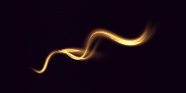 Sarı parlak çizgiler vektör arkaplanını etkiler. Parlak hız çizgileri. Parlak ışık efekti. Bir ışık dalgası, bir ateş hattı ve kıvrımlı bir iplik girdabı..