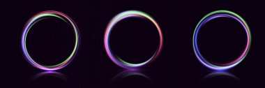 Neon girdabı. Mavi çizgi ışık efekti. Işıldayan arka planı olan soyut halka arkaplanı. Enerji akış tüneli. Mavi portal, platform. Sihirli daire vektörü.