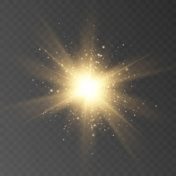 Luz Brilhante Explode Luz Flash Cor Dourada Feixe Sol Brilhante — Vetor de Stock